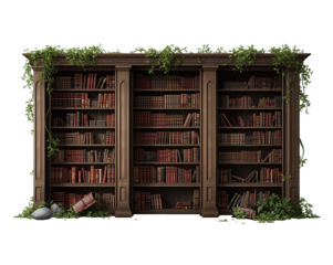 Vintage wooden bookshelf adorned with lush green vines, creating an enchanting atmosphere