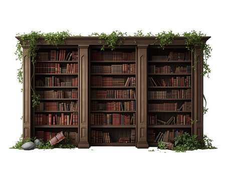 Vintage wooden bookshelf adorned with lush green vines, creating an enchanting atmosphere