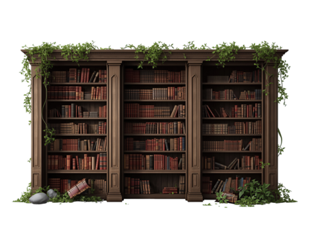 Vintage wooden bookshelf adorned with lush green vines, creating an enchanting atmosphere