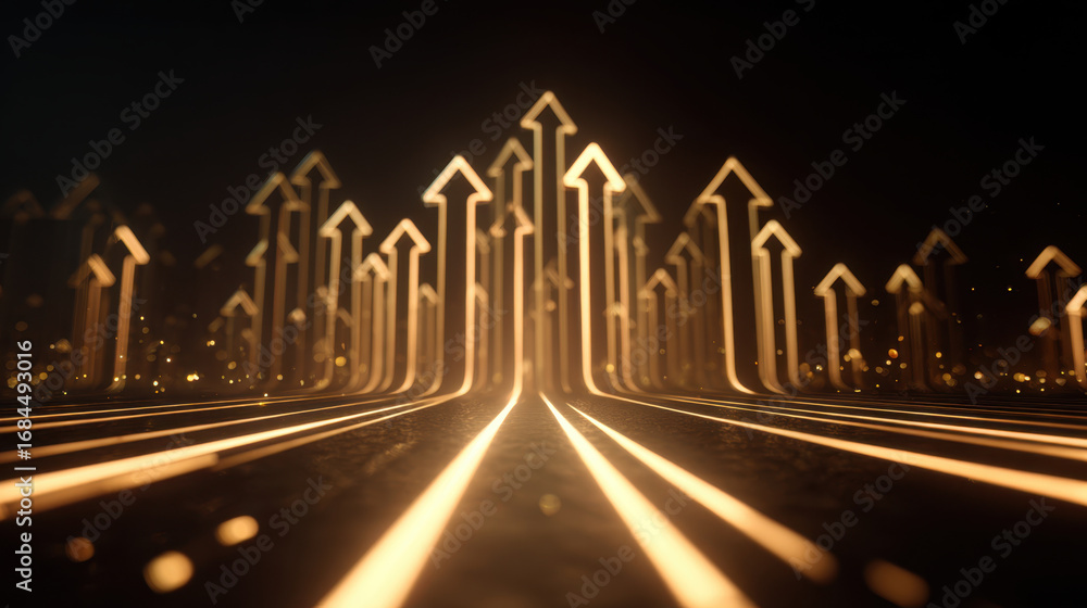 Aufkleber dynamic golden arrows point upward, symbolizing growth and progress against dark background. glowing