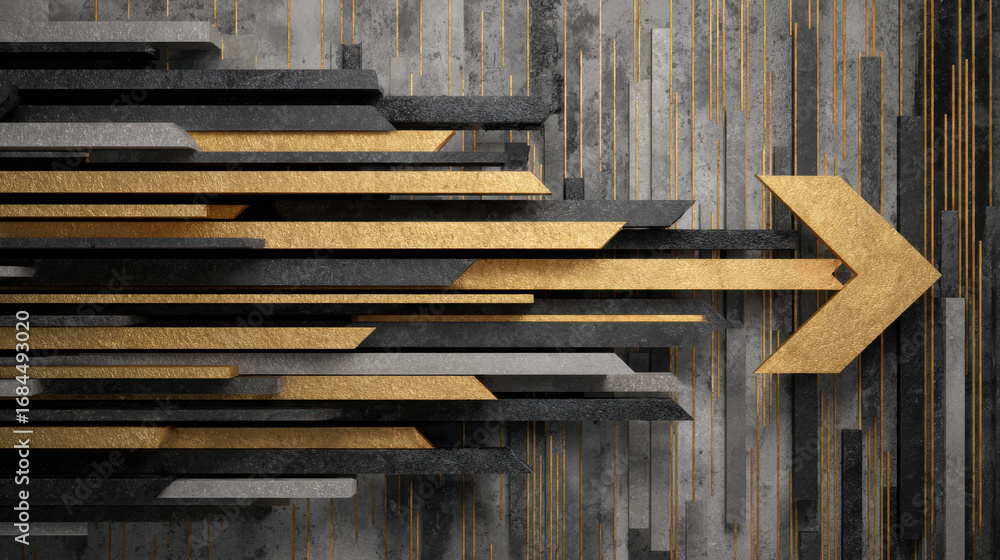 Poster modern abstract design features geometric shapes in black, gray, and gold, creating dynamic composit