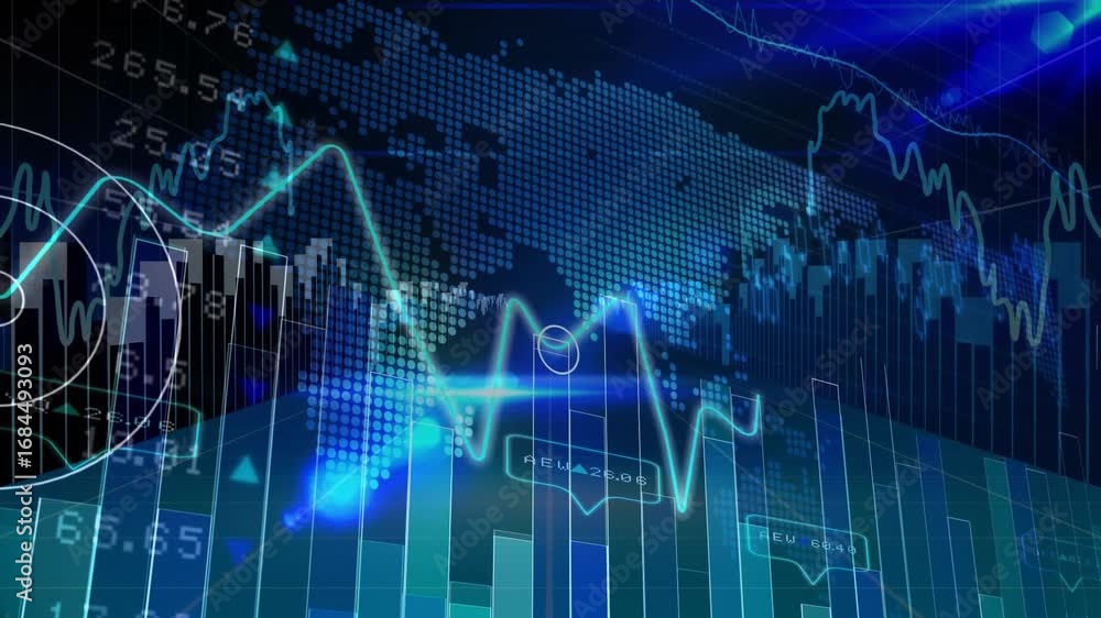Poster animation of world map with statistics and financial data processing
