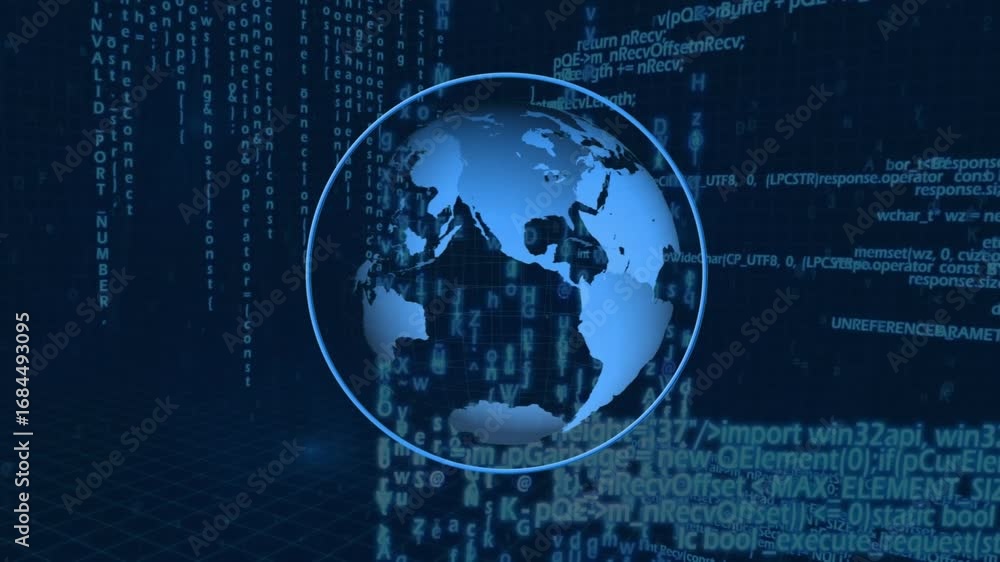 Poster animation of globe with statistics and financial data processing