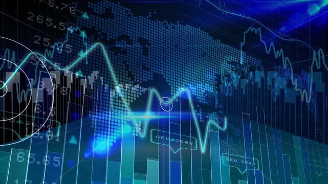 Animation of world map with statistics and financial data processing - Powered by Adobe
