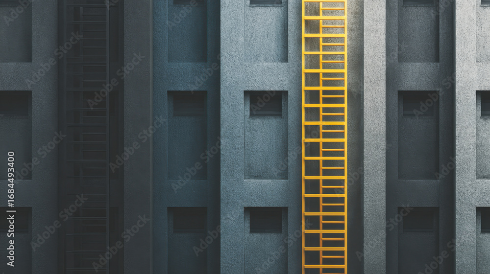 Poster striking image of yellow ladder against backdrop of dark, textured building walls. contrast between 