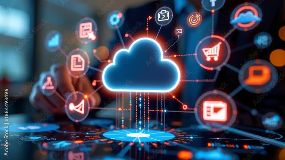 Aufkleber cloud computing technology concept with glowing cloud icon, digital network data storage business in