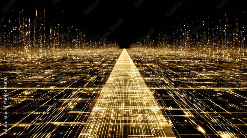 Poster mesmerizing digital landscape featuring golden pathway leading into vast expanse of shimmering light