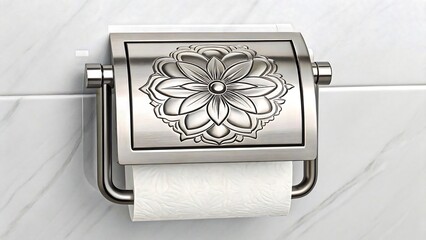 Stainless Steel Toilet Paper Holder with Engraved Floral Lotus Pattern, Minimalist Bathroom Decor and Modern Decorative Metal Tissue Dispenser 
