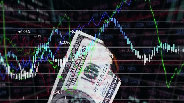 Animation of financial data processing and money over dark background