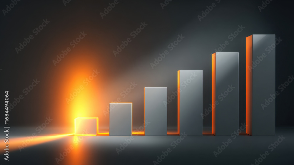 Poster glowing bar graph symbolizes growth and progress, with each bar increasing in height and illuminated