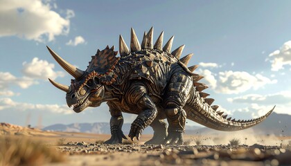 An armored ankylosaurus swinging its tail in defense, ground-level perspective emphasizing its spiked armor.