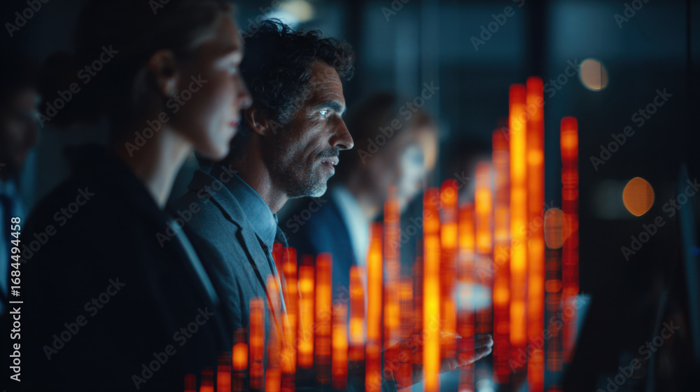 Poster in modern office setting, professionals analyze data visualizations screens, showcasing vibrant oran