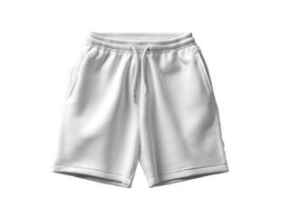 White, blank athletic shorts.  Front view, showing drawstring waist, pockets