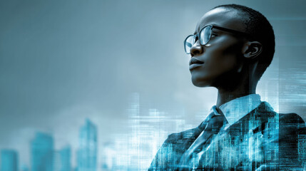 Confident business professional stands against futuristic cityscape, embodying ambition and innovation. digital overlay suggests connection to technology and progress