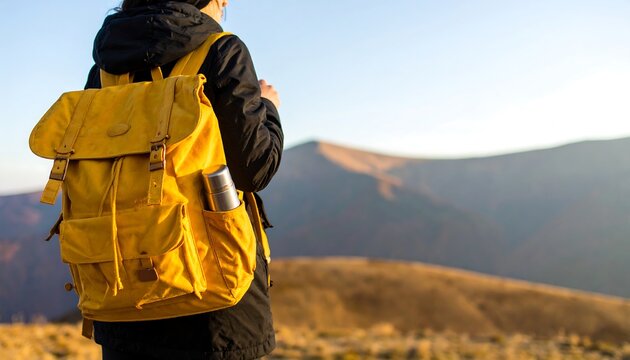 Woman with yellow backpack on mountaintop - Powered by Adobe