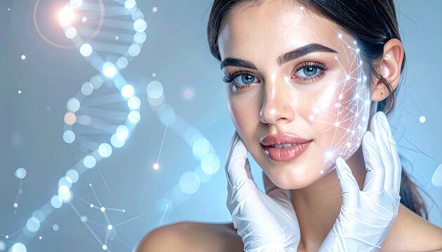 Radiant Woman with Glowing Skin and Molecular Pathways
