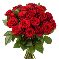 Red Roses Bouquet with Fresh Blooming Flowers and Lush Green Leaves Isolated on Transparent PNG Background for Wedding, Valentine’s, and Romantic Design