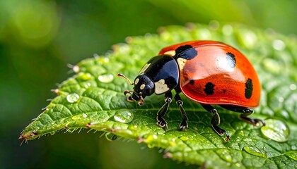 Close-up of a ladybug resting on a vibrant green leaf covered in dew drops, showcasing its intricate details and brilliant colors.