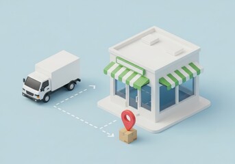 Isometric view of a delivery truck approaching a small store with a package and location pin, illustrating local delivery and retail service