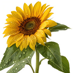 Sunflower with Dewdrops, Vibrant Yellow Petals, and Rich Green Leaves Isolated on Transparent PNG Background for Floral, Nature, and Wellness Design