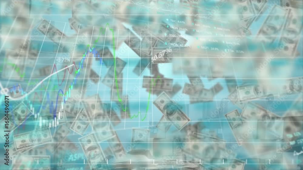Poster animation of science data processing over falling money