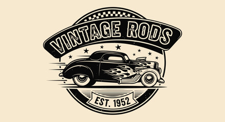 A vintage-style logo featuring a classic black hot rod with flames and an exposed engine, speeding within a circular emblem.