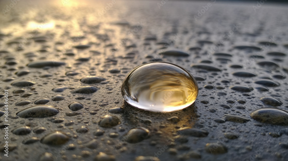 Aufkleber close up view of water droplet resting on textured surface, reflecting light and creating beautiful 