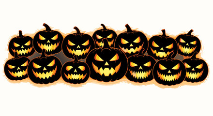 Vector SVG Illustration of Halloween Jack-o-Lanterns with Glowing Faces in Modern Flat Style for Digital Use
