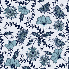 Jacobean Print Pattern Seamless ,Floral seamless pattern ,Red Blue navy flowers Vector clipart. Seamless pattern with stylized exotic flowers, climbing plants. Fashion floral