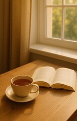 Cup of herbal tea with open book by the window in warm sunlight, cozy wellness lifestyle