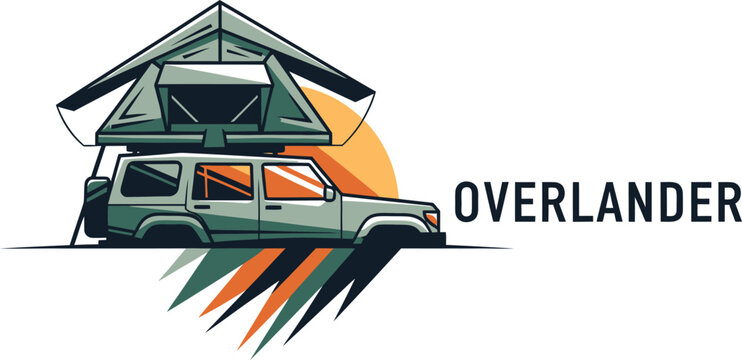 A stylized illustration of an overlanding vehicle with a rooftop tent, representing adventure and travel.