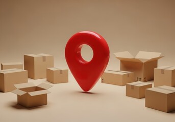 A prominent red location pin sits in the center surrounded by various cardboard boxes, some open, on a neutral background, highlighting delivery and placement