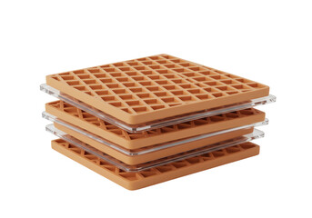 Isolated stack of four light brown waffle or honeycomb grids with clear acrylic spacers