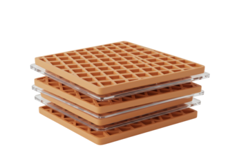 Isolated stack of four light brown waffle or honeycomb grids with clear acrylic spacers