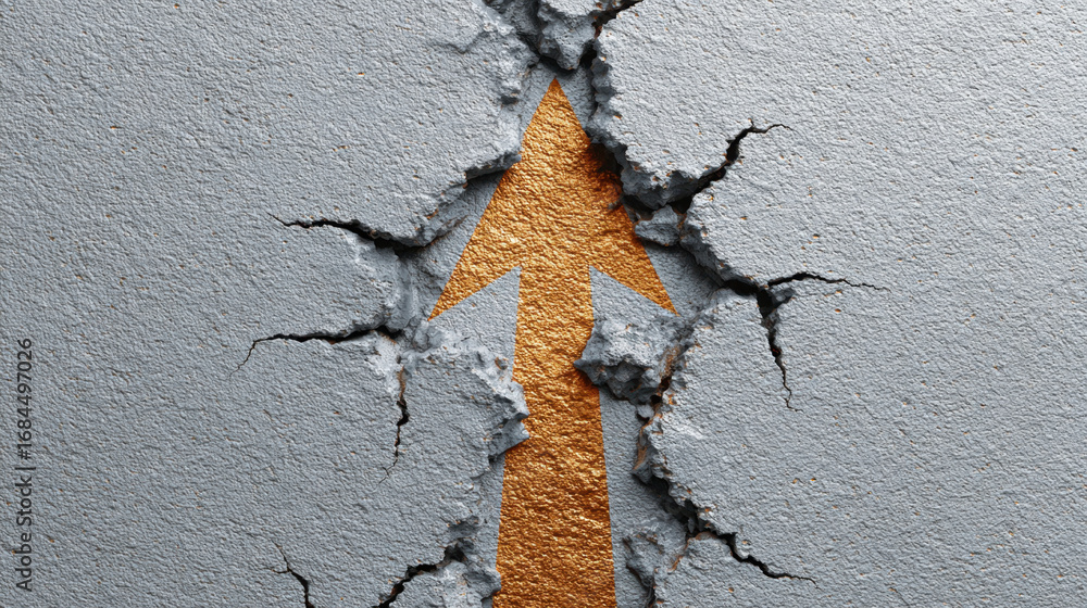 Poster textured wall features prominent upward arrow, symbolizing growth and progress, surrounded by cracks
