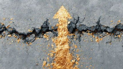 Cracked concrete surface with golden upward arrow symbolizing growth and progress. texture highlights contrast between roughness and shining arrow, evoking sense of hope and potential