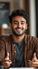 Vertical close-up photo of a young Indian man working in the office, speaking to the camera on a video call, smiling and gesturing with positivity and professionalism, Generative AI