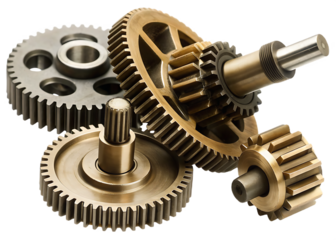 Interlocking brass steel gears mechanical components isolated on a transparent background