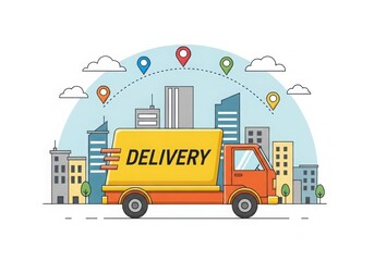 Fototapeta premium Orange delivery truck with the word delivery on its side driving through a city with buildings and location pins