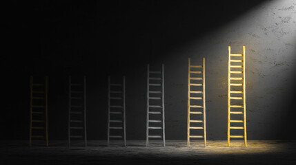 Series of ladders in varying shades of gray, with one ladder illuminated in bright yellow, creating striking contrast against dark background. This symbolizes aspiration and pursuit of goals