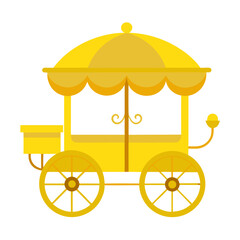 Yellow carriage with ornate canopy and spoked wheels transport vehicle vector on white background.