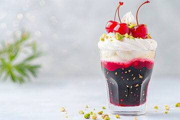 Indulgent cherry dessert parfait with whipped cream and pistachios offers a delightful sweet treat.
