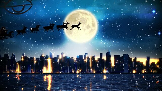 Animation of falling snow over cityscape at night