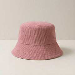 Pink Corduroy Bucket Hat on Neutral Background, Minimalist Pink Corduroy Hat Studio Mockup, Fashion Bucket Hat in Pink Corduroy Fabric
