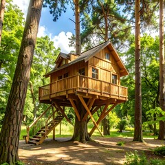 A charming wooden treehouse nestled amidst lush green trees, bathed in sunlight, stands out in a park-like setting.