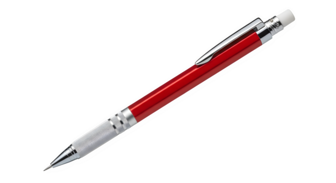 Red Mechanical Pencil with Silver Accents Isolated on White Background | Writing and Drawing Tool for Education, Design and Office Supplies