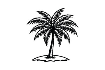 Obraz premium A detailed black and white silhouette of a tropical palm tree with fronds and a textured trunk isolated on white background