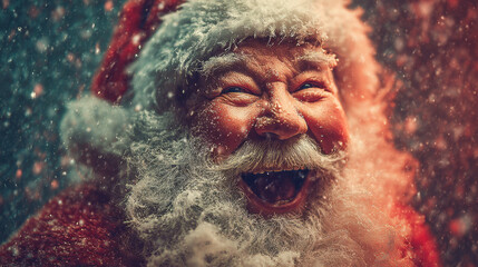 Cheerful Santa Claus with joyful expression, surrounded by falling snowflakes, creating magical winter atmosphere. His fluffy white beard and red suit add to festive spirit