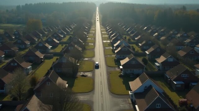 Top view of straight road in village with houses. Stock footage. Old industrial town with private houses on background of forest and horizon