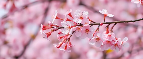 Obraz premium Delicate pink cherry blossoms branch on soft floral backdrop, delicate, branches